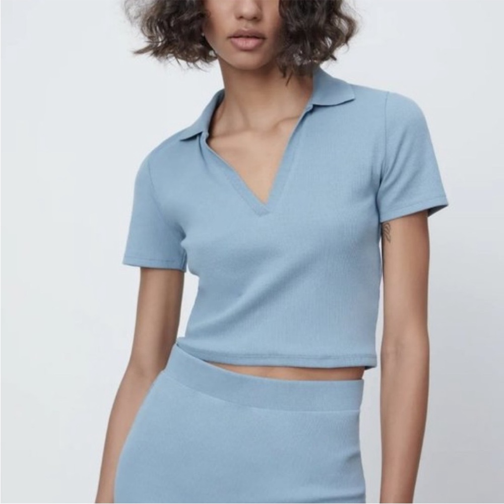 Zara Collared Short Sleeve Crop Top Size M